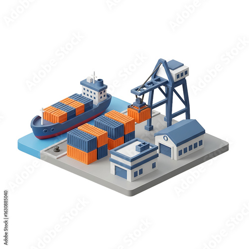 Stylized isometric seaport with a cargo ship crane lifting an orange container and dockside warehouses. PNG Transparent Background