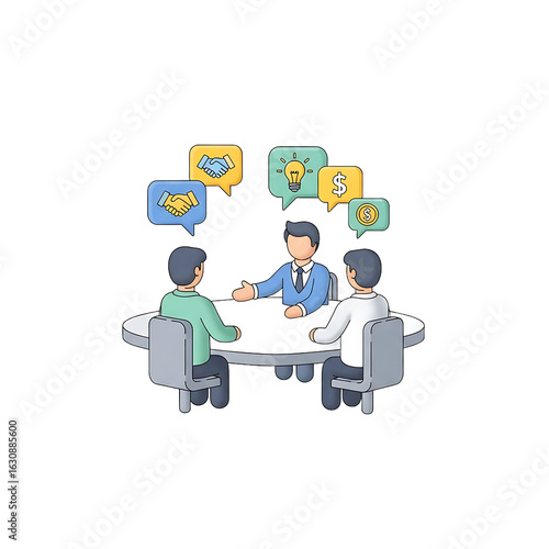 Three businessmen in a meeting discussing partnership ideas and finance Modern cartoon illustration with icons. PNG Transparent Background
