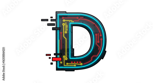 Letters of the alphabet futuristic technology letter d logo design concept with circuit board pattern and neon light effect for branding vector