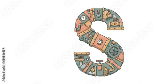 Letters of the alphabet steampunk letter s vector illustration with gears, pipes, clocks, and valves for design projects and education vector