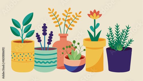 A of mismatched ceramic pots housing various herbs and flowers.