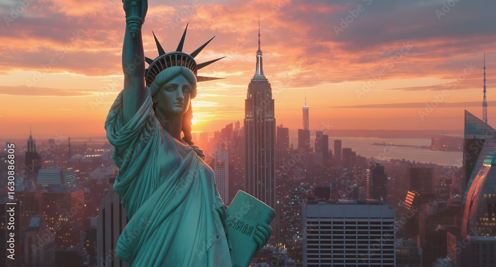 Fototapeta premium Statue of Liberty and Empire State Building at Sunset, New York City