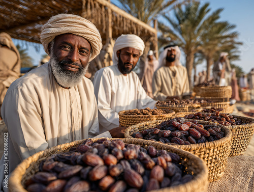 Farmers presenting premium dates at a traditional stall during the Liwa Date Festival, woven baskets filled with fresh ripe dates, Emirati men in white kanduras