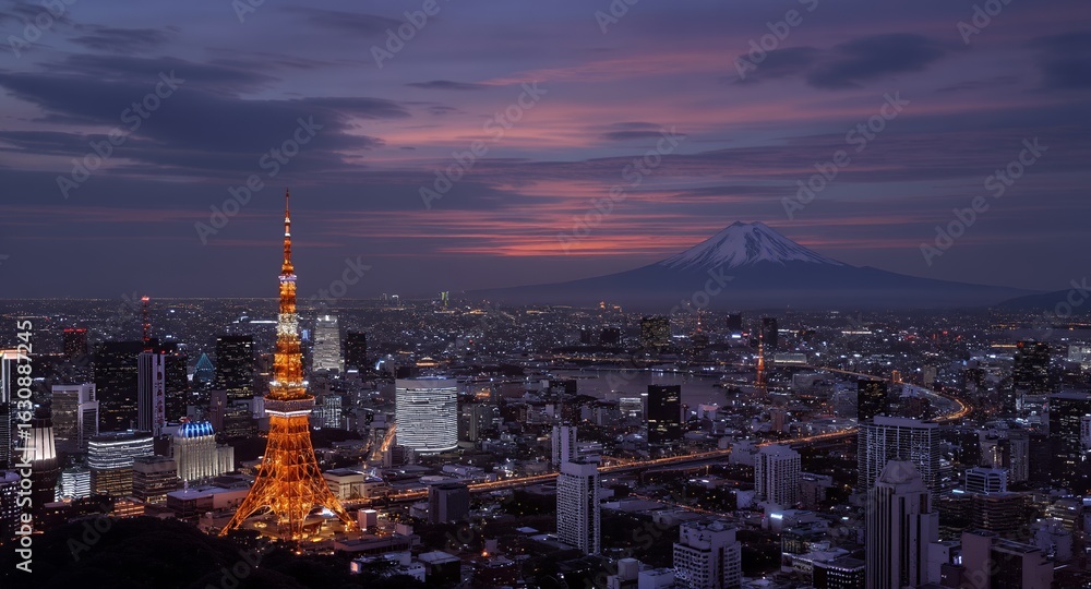 Fototapeta premium Tokyo Skyline at Dusk with Tokyo Tower and Mount Fuji