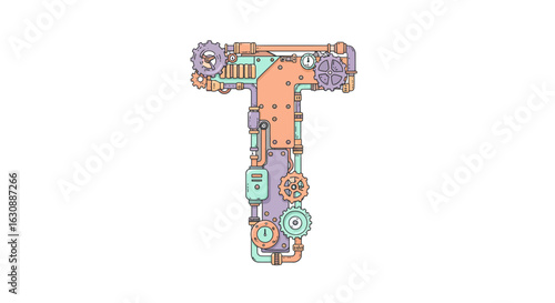 Letters of the alphabet steampunk letter t vector illustration with gears and pipes for mechanical alphabet and design needs vector