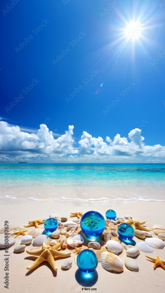 Tranquil summer holiday on a paradise beach with a still life composition of blue orbs, starfish, and seashells under the sun. Tranquil summer holiday on a paradise beach with a still life composition of blue orbs, starfish, and seashells under the sun.