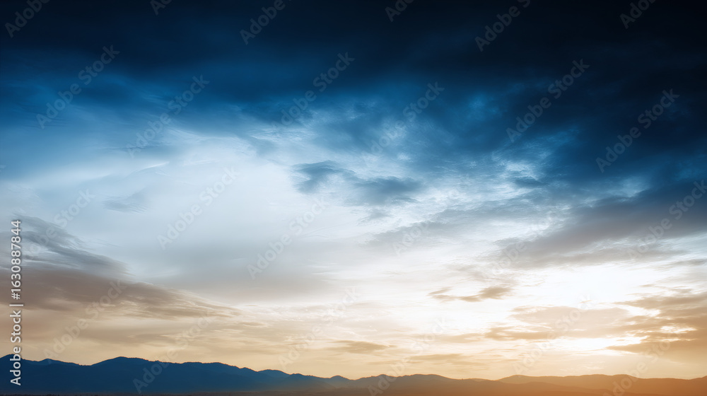 Fototapeta premium Dramatic sunrise and sunset sky with vibrant clouds, showcasing warm and cool color contrasts in a panoramic view.