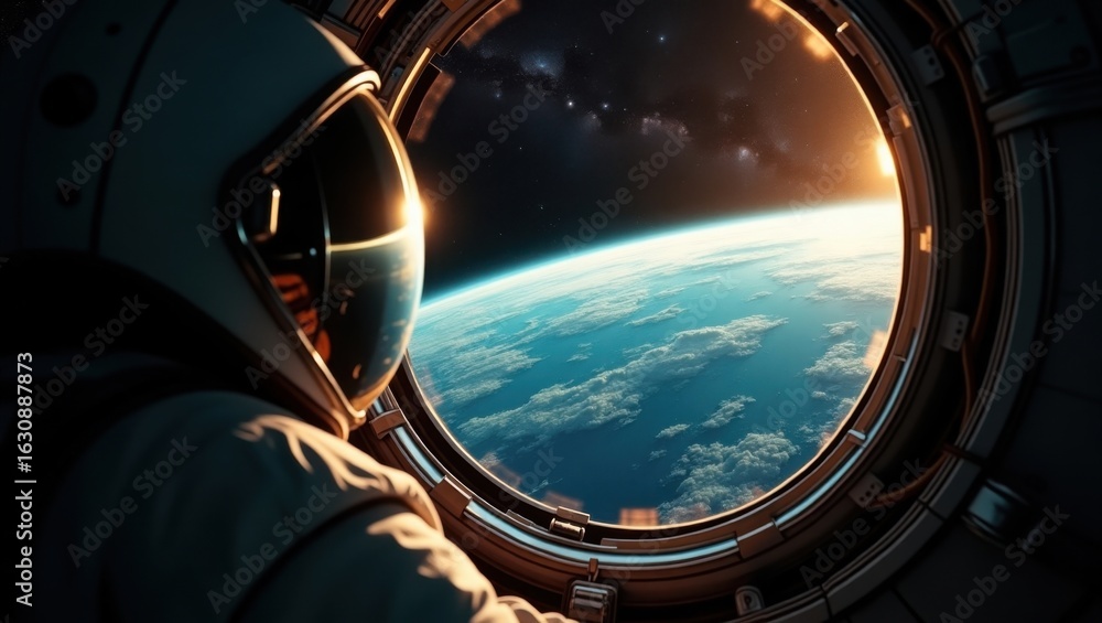 Obraz premium Punto de vista de un astronauta dentro de la ventana de una nave espacial, mirando a la Tierra iluminada por la luz del sol sobre un espacio negro profundo