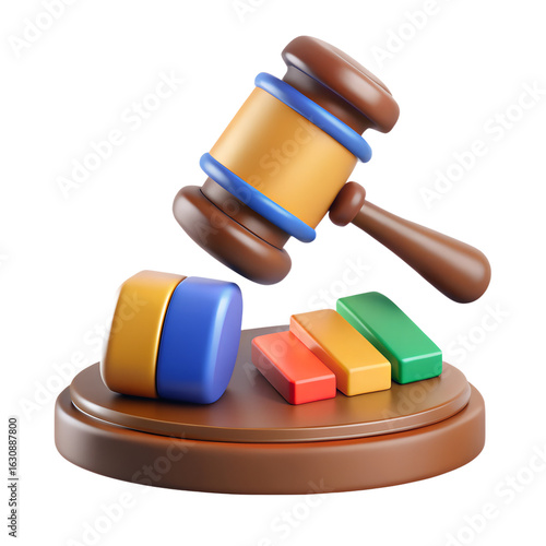 3D Render of a Gavel and Podium with a Bar Chart, a Concept for Judgment, Auction, or Legal Decision