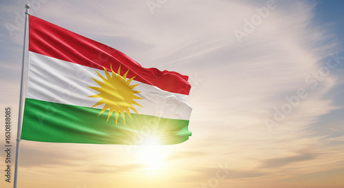 Kurdish flag waving in sky. Created using generative AI tools
