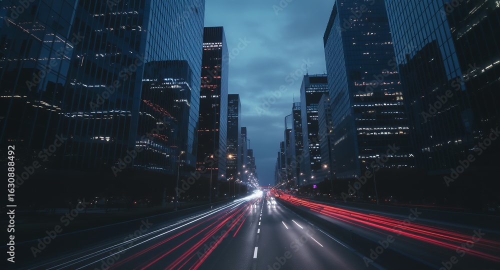 Fototapeta premium Night Cityscape with Blurry Car Trails