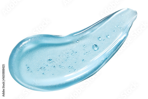 Blue transparent skincare gel texture with air bubbles, cosmetic cream smear for moisturizing and hydrating product design, isolated on white background for beauty and skincare ads

