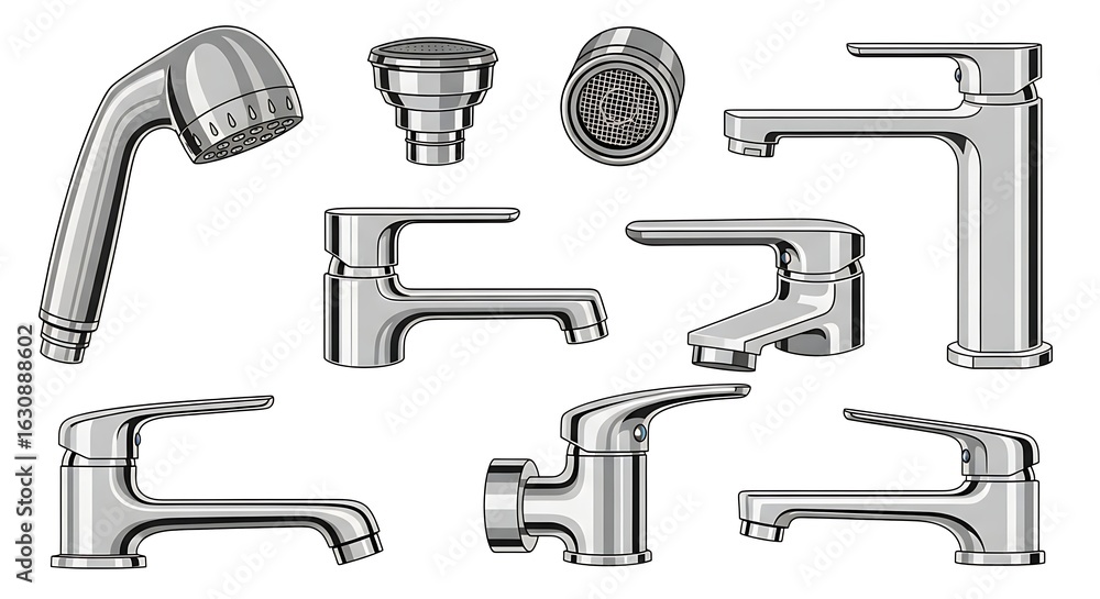Fototapeta premium Plumbing Faucet Nozzles – Vector Set of Bocais