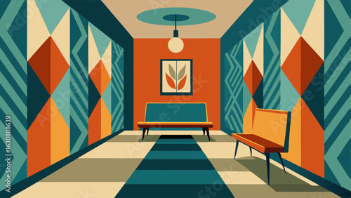 A hallway with a retro wallpaper featuring geometric shapes and a midcentury modern bench.