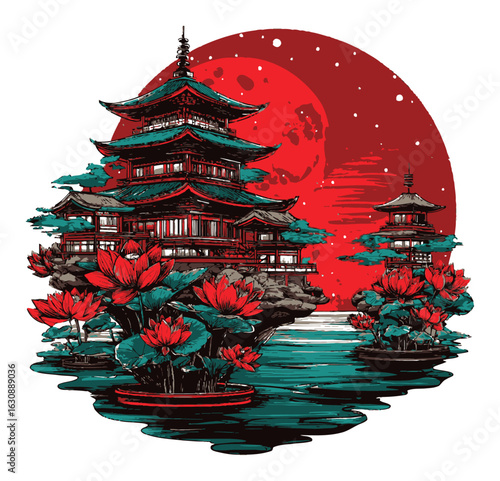 Vibrant Asian Temple Silhouette with Lotus Flowers Against Red Moon