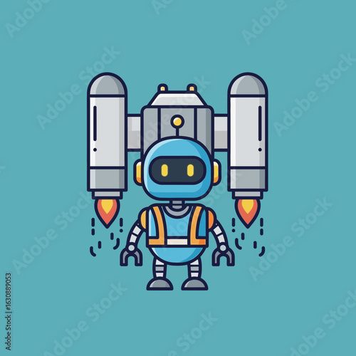 Cartoon robot with jetpack flies against a blue background.