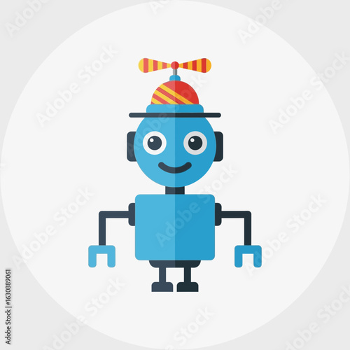Cartoon robot with a propeller hat against a white circular background.