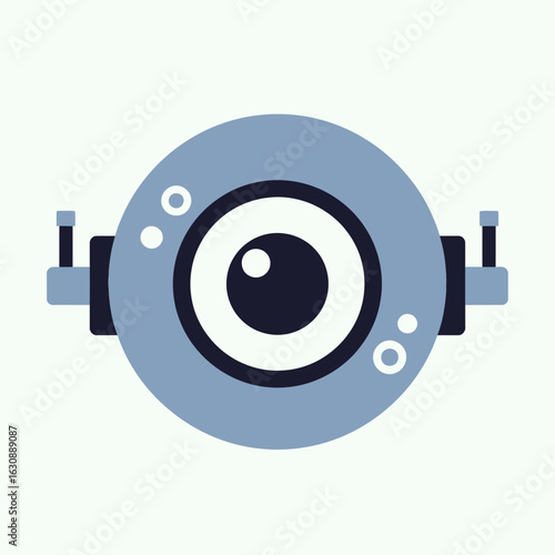 Cartoon robot eye with blue gray casing and white background.
