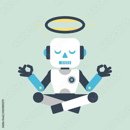 Robot meditating in lotus position with halo on light green background.