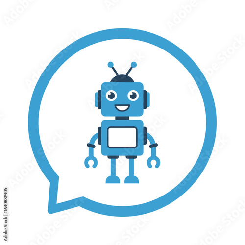 Blue robot illustration inside a blue speech bubble on a white background.