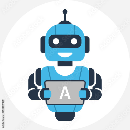 A blue robot holds a gray sign with the letter A on a white background.