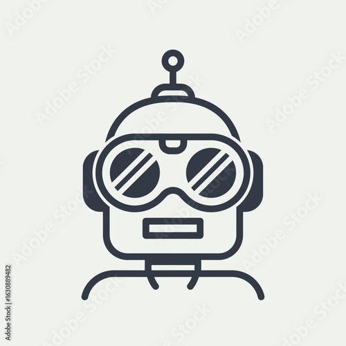 Robot head with goggles and antenna in a simple line drawing style.