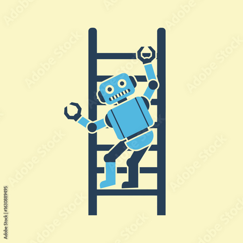 Blue robot climbing a ladder on a light yellow background.