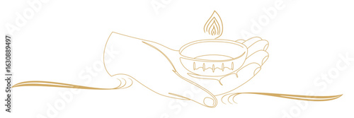 Line art illustration of candles and hands for diwali
