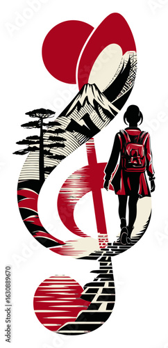 Abstract Musical Journey with Nature Elements and Mountain Landscape