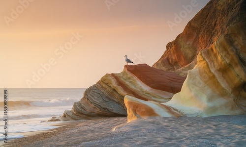 Seagull perched on layered rock formation at coastal beach during sunset