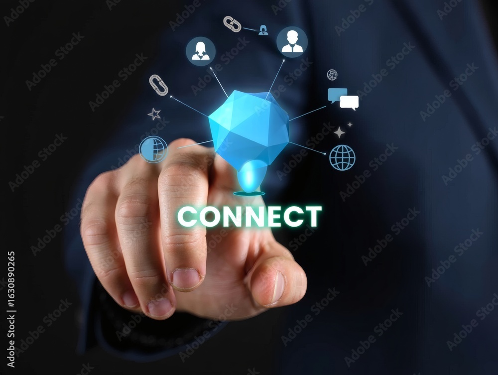 Digital Connectivity and Networking Concept with a Finger Touching the word Connect and a Blue Geometric Shape Digital Connectivity and Networking Concept with a Finger Touching the word Connect and a Blue Geometric Shape