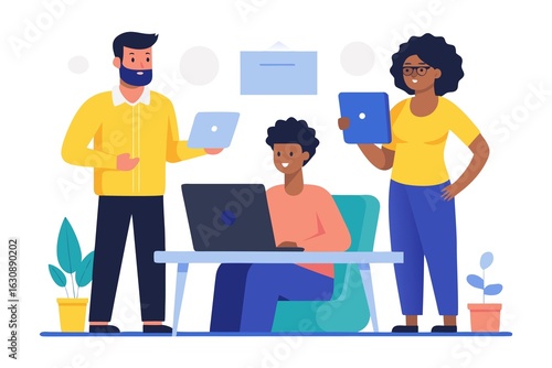 Diverse Team Collaborating on Projects in a Modern Office Environment with Laptops and Tablets