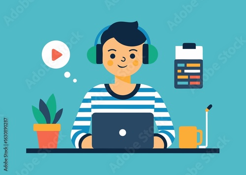 Boy with Headphones Working on Laptop at Desk with Plant and Coffee in Home Office