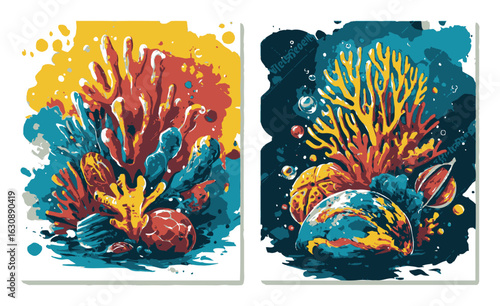 Vibrant Abstract Coral Reef Illustration in Bold Colors and Shapes
