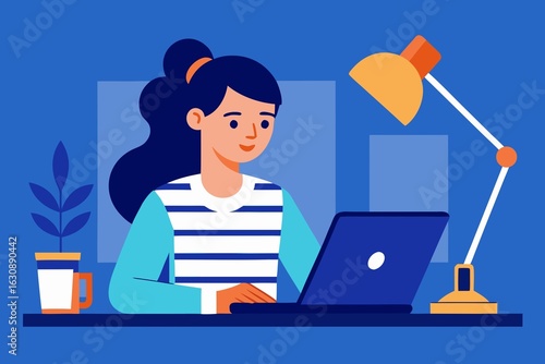 Young woman working on laptop at home with desk lamp and plant in the background