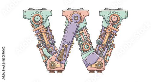 Letters of the alphabet steampunk letter w illustration mechanical alphabet design intricate gears and cogs vintage typography artwork vector