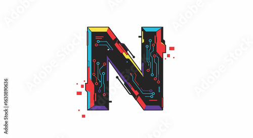 Letters of the alphabet letter n technology circuit board design vector illustration futuristic tech style digital art graphic design vector