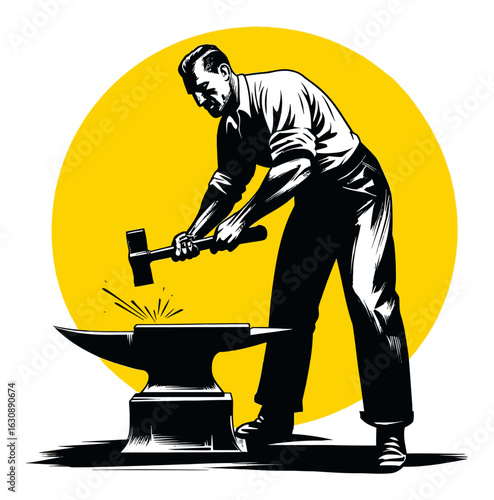 Vintage Blacksmith Hammering Metal in Retro Style Illustration
