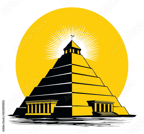 Yellow Pyramid Illustration with Radiant Sunburst and Clean Lines