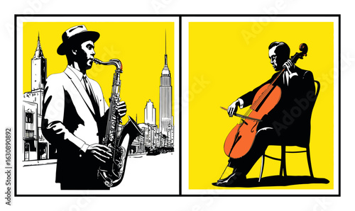 Vintage Jazz Musicians with Saxophone and Cello on Bright Yellow Background