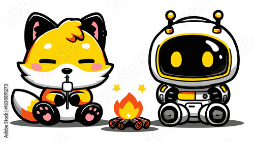 Cute Cartoon Fox and Robot Enjoying Campfire in Whimsical Scene