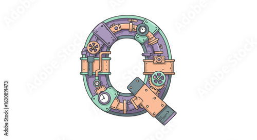Letters of the alphabet steampunk letter q alphabet illustration with gears and pipes for creative design projects and typography art vector