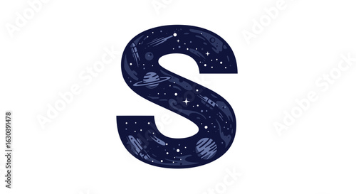 Letters of the alphabet letter s space galaxy stars planets rockets comets astronomy universe cosmic exploration science design art vector