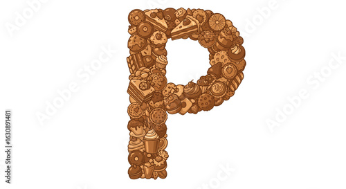 Letters of the alphabet letter p made of desserts, bakery, cakes, donuts, cookies, muffins, pastries, sweets and chocolate treats vector