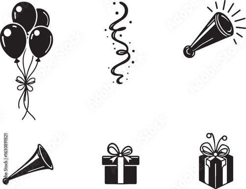 Celebrate with balloons, streamers, horns, and gift boxes for festive occasions