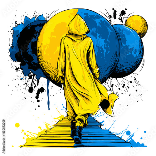 Vibrant Hand-Drawn Illustration of a Person Walking Toward Colorful Planets