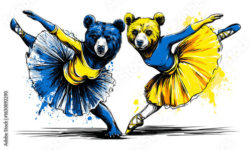 Artistic Hand-Drawn Illustration of Dancing Bears in Ballet Costumes