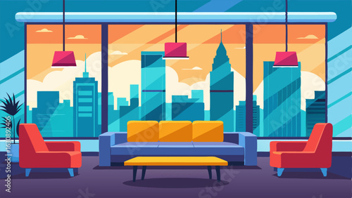A modern lounge area with sleek furniture bright colors and large windows overlooking the city skyline.