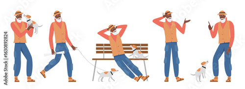 Senior African American man in casual clothes interacting with small dog in various poses, perfect for lifestyle, pet care, and retirement concepts isolated on white background vector illustration