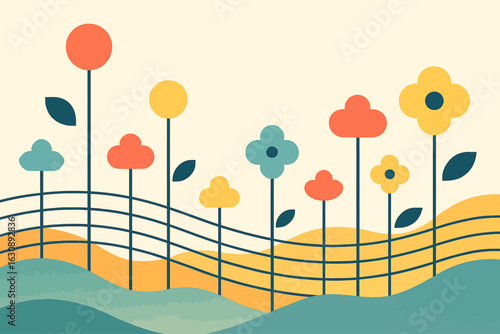 Minimalist vector illustration of colorful flowers on rolling hills under a warm sun, featuring retro pastel tones and clean geometric shapes, ideal for spring themes, nature designs, and decorative p